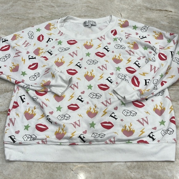 Wildfox | Charmed Sommers‎ White Print Sweatshirt Lips Dice Stars | Size XL - Picture 5 of 13